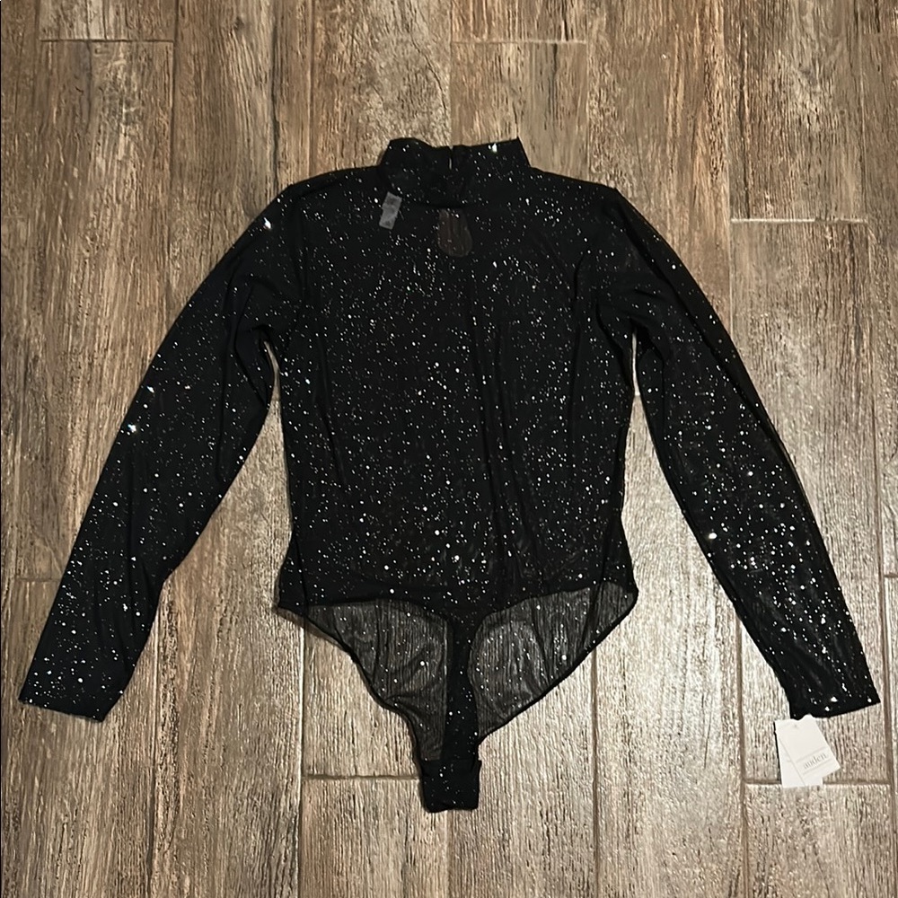 Auden (Target) Black Sparkly Mesh Thong Long Sleeve Bodysuit